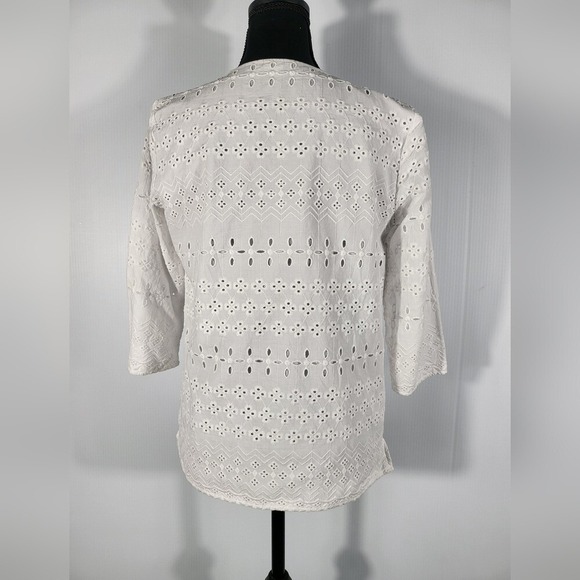 Talbots White Eyelet Tunic Women's Top Notch V-neck Cotton Relaxed Popover - Picture 3 of 7